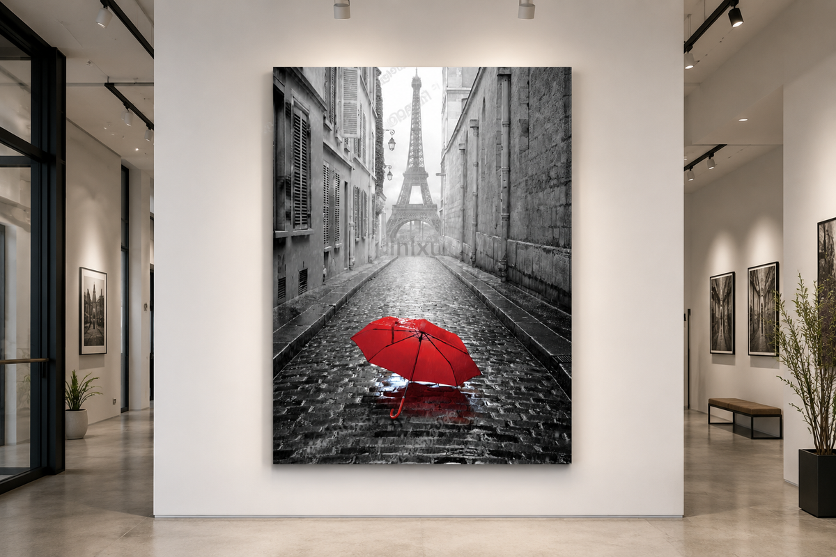 RED UMBRELLA IN PARIS STREET RAINY DAY EIFFEL TOWER