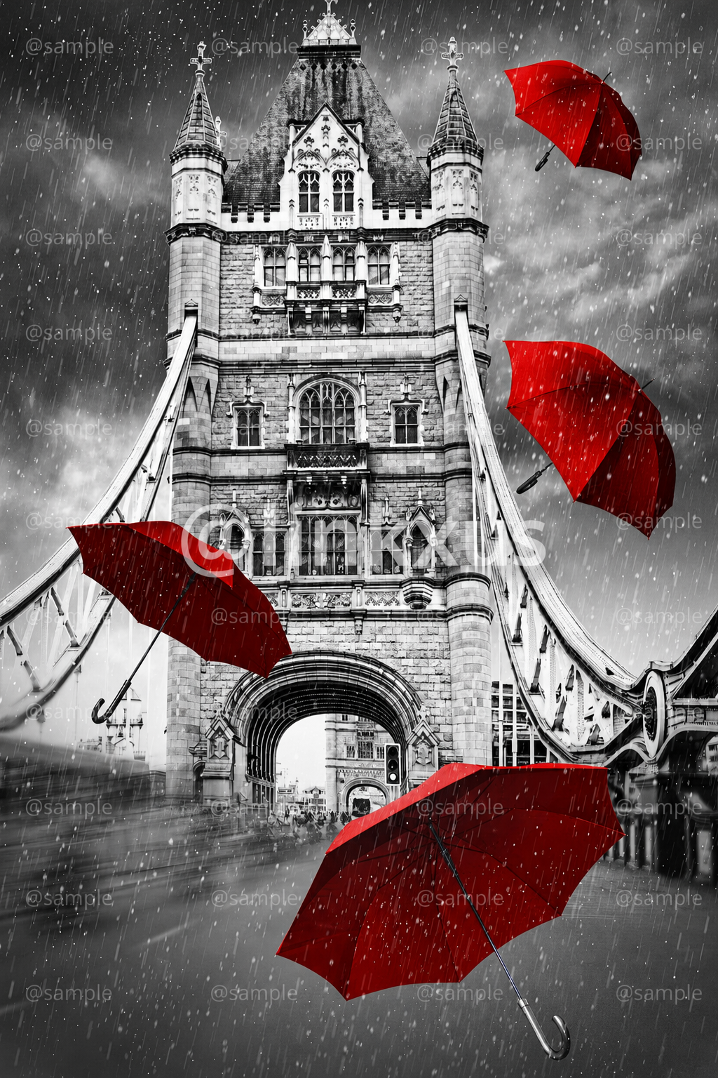 TOWER BRIDGE IN LONDON WITH RED FLYING UMBRELLAS