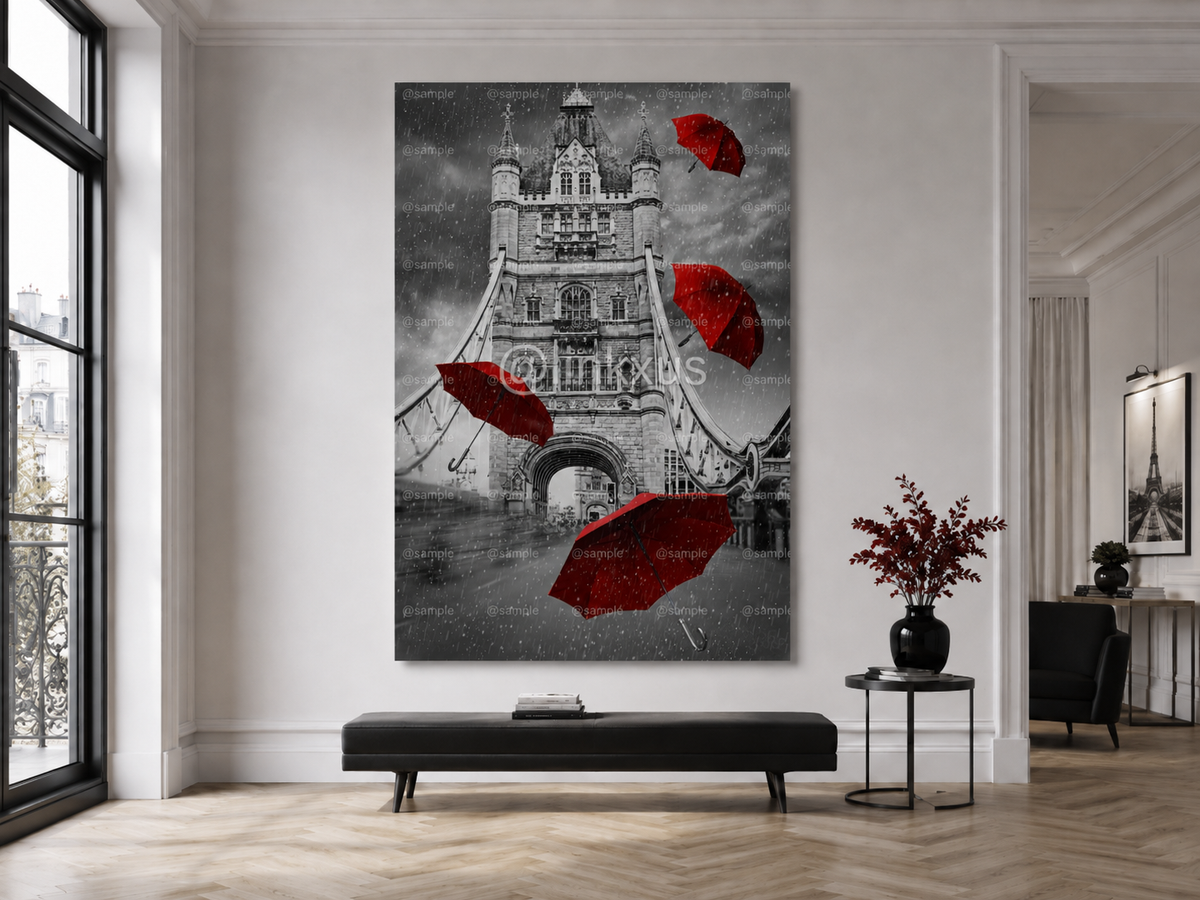 TOWER BRIDGE IN LONDON WITH RED FLYING UMBRELLAS