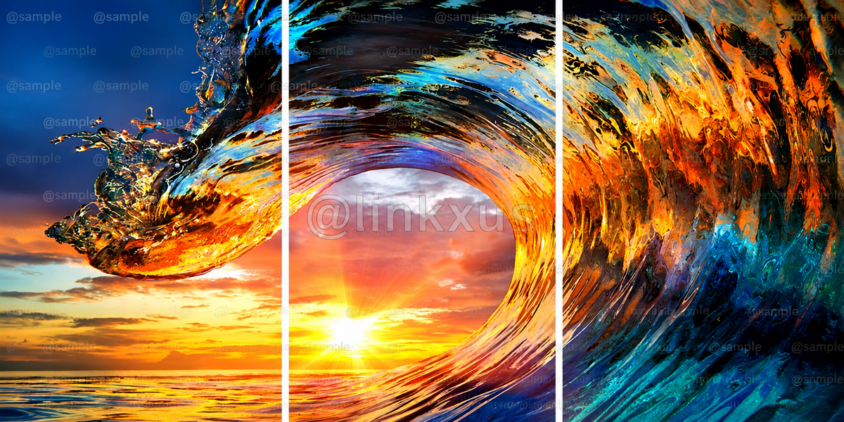 BLUE AND ORANGE ABSTRACT WAVE 3 PIECES