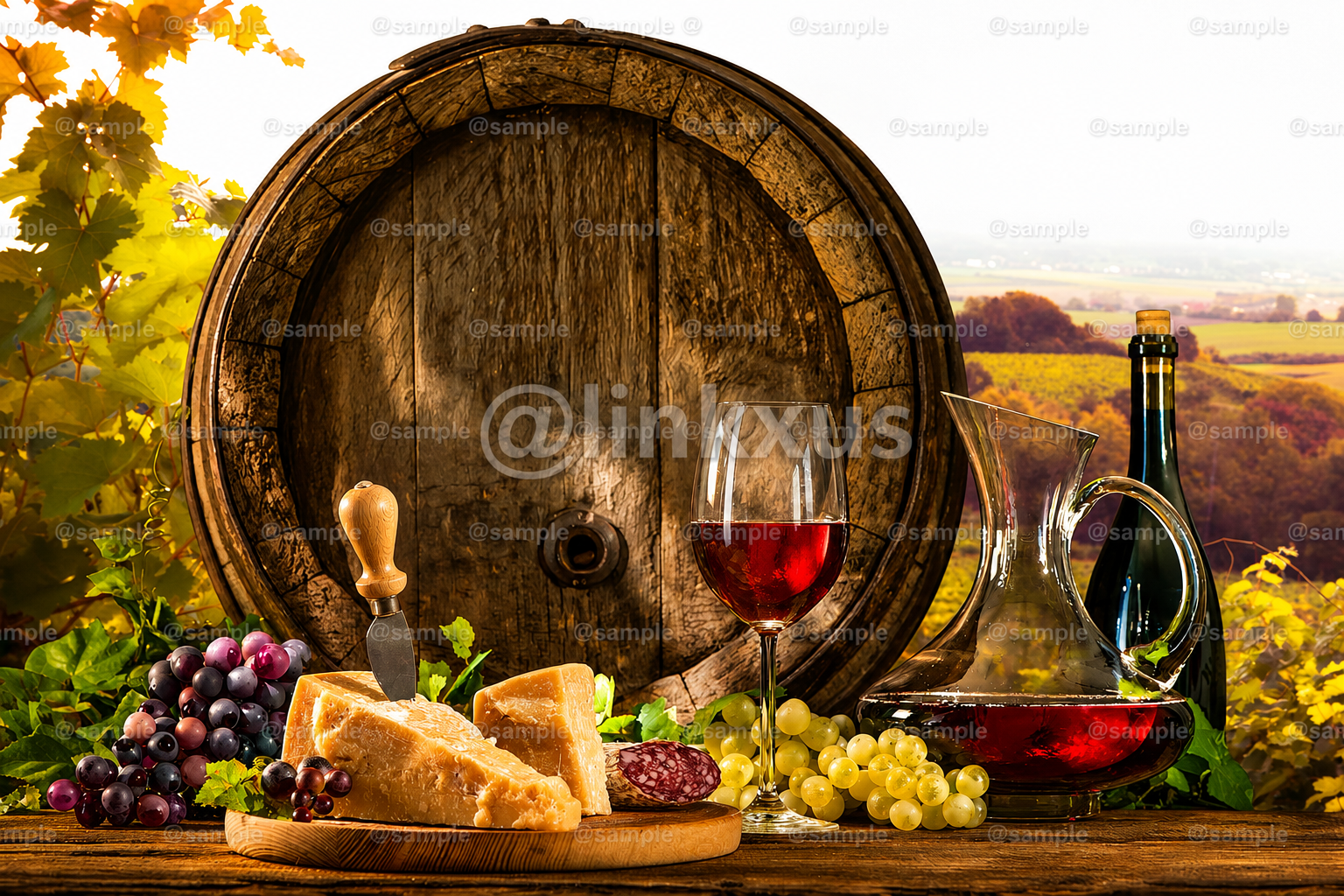 BARREL WITH GLASS OF RED WINE AND CHEESE