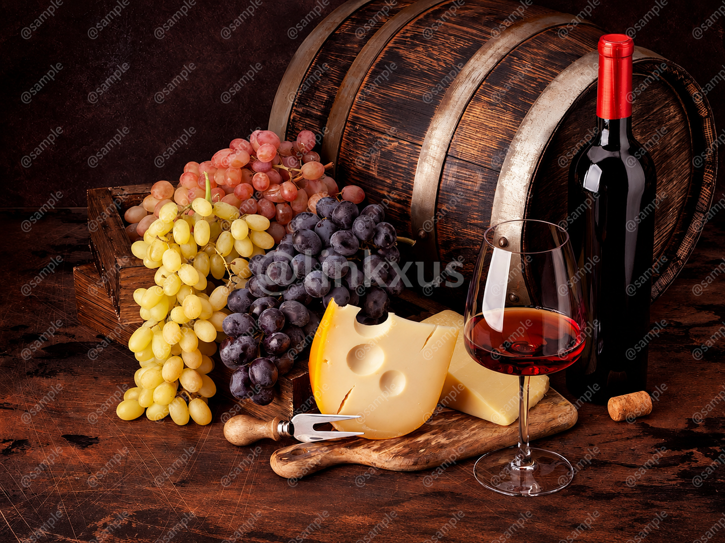 WINE BOTTLE, GRAPES, CHEESE AND GLASS