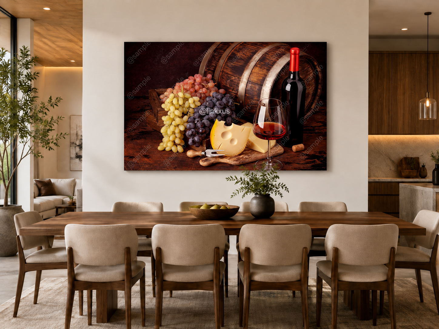 WINE BOTTLE, GRAPES, CHEESE AND GLASS
