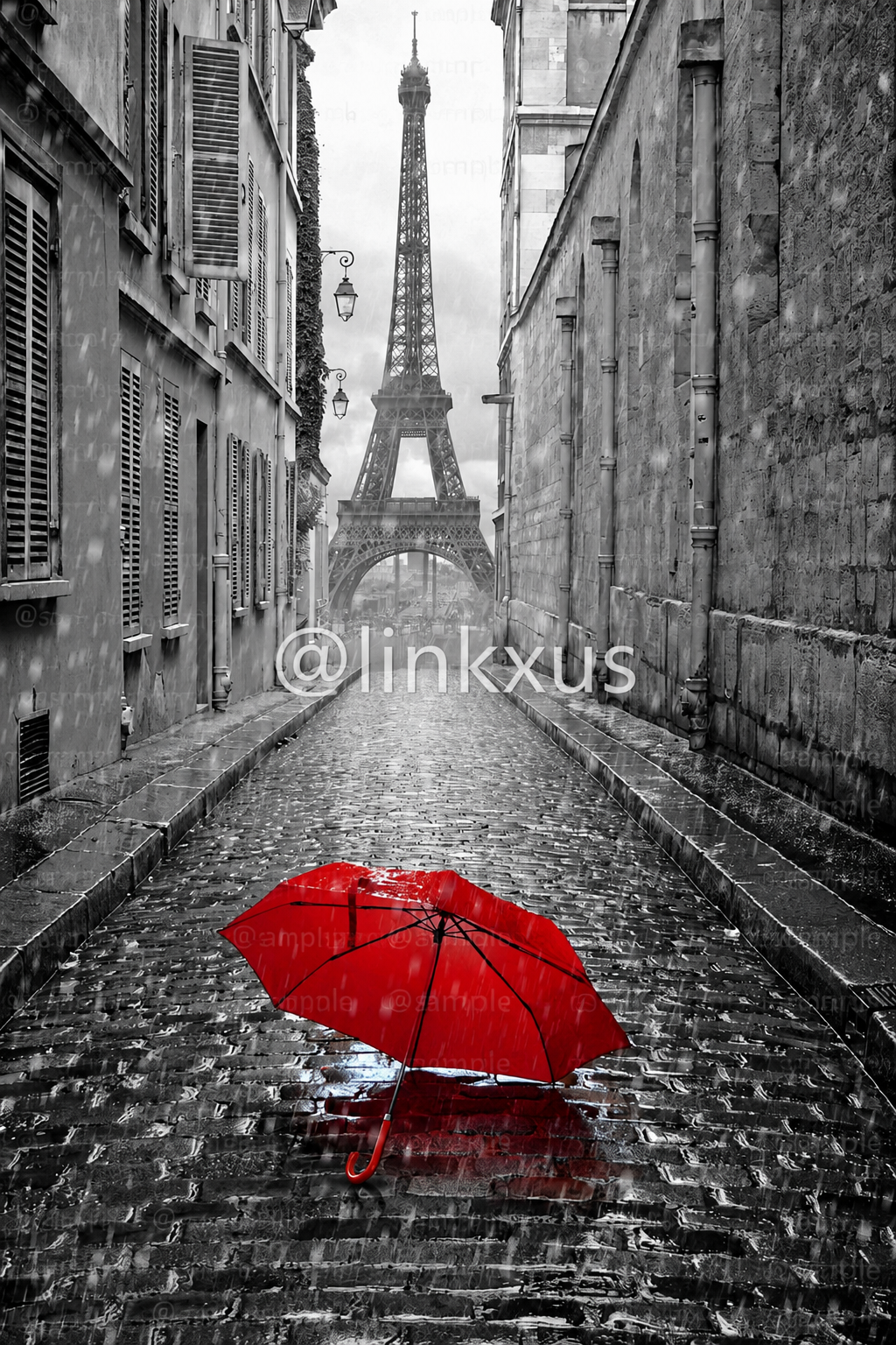RED UMBRELLA IN PARIS STREET RAINY DAY EIFFEL TOWER