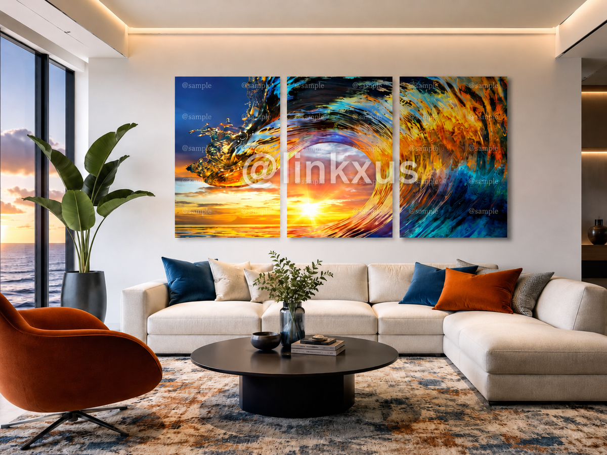 BLUE AND ORANGE ABSTRACT WAVE 3 PIECES