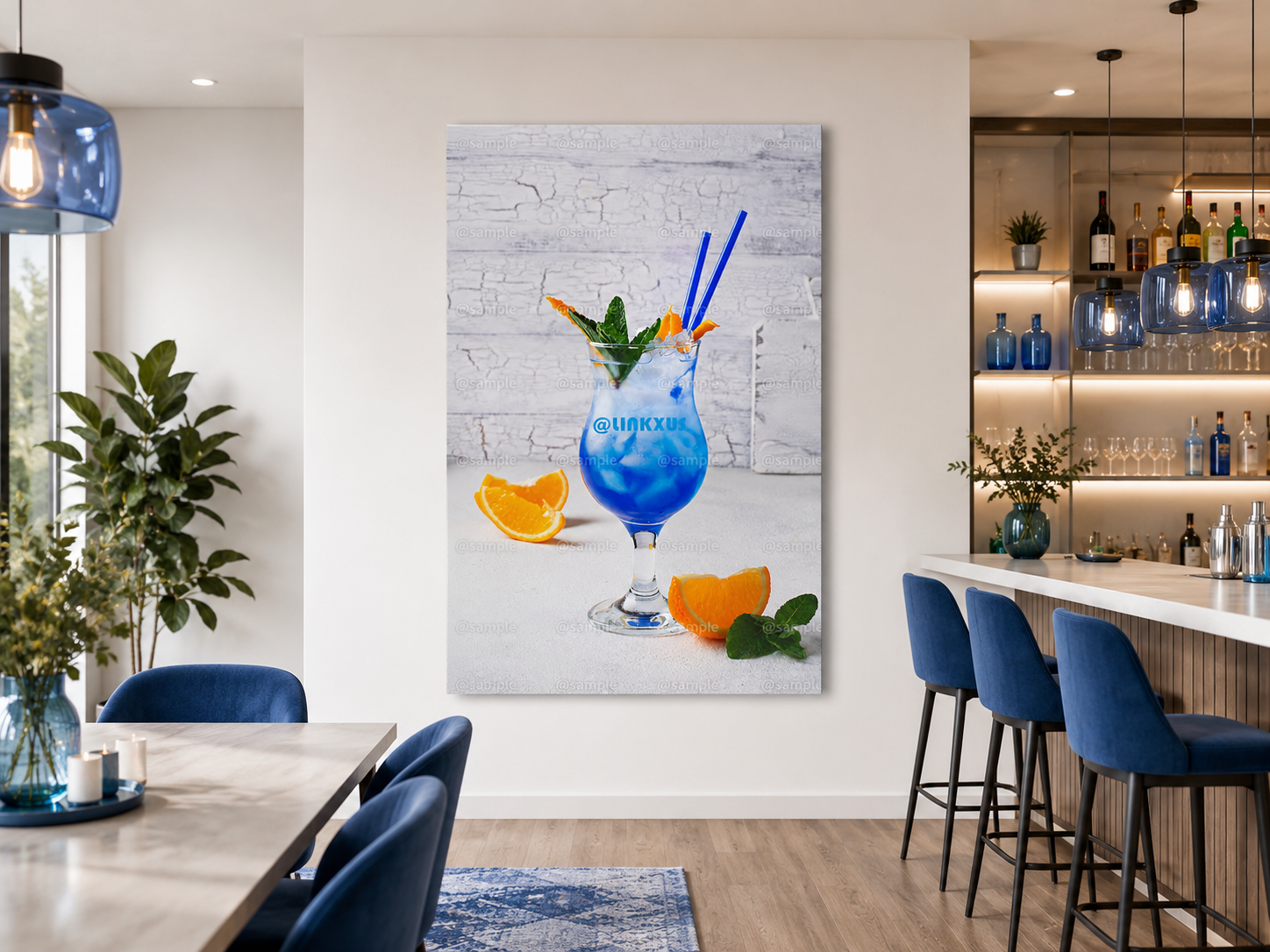 BLUE COCKTAIL DRINK WITH ICE AND ORANGE